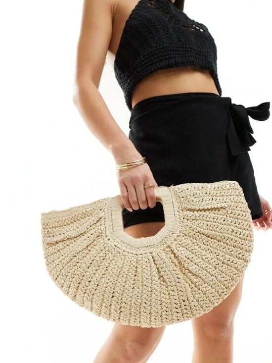 Ramla Handbags - Ramla Raffia Half Moon Tote Straw Beige Resort Bag NWT